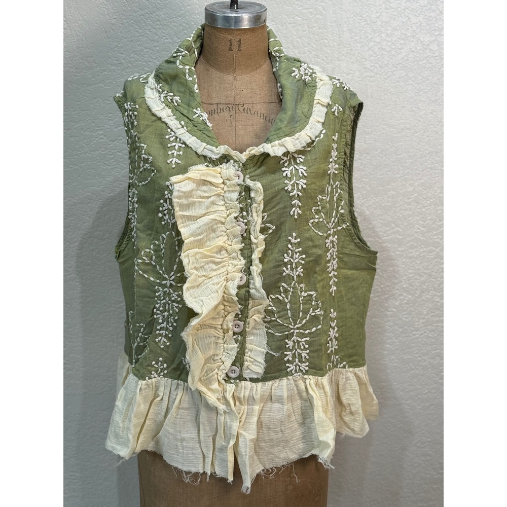 A Rare Bird Green Embroidered Ruffle Vest Top S/M Handmade Boho Cottagecore NWT